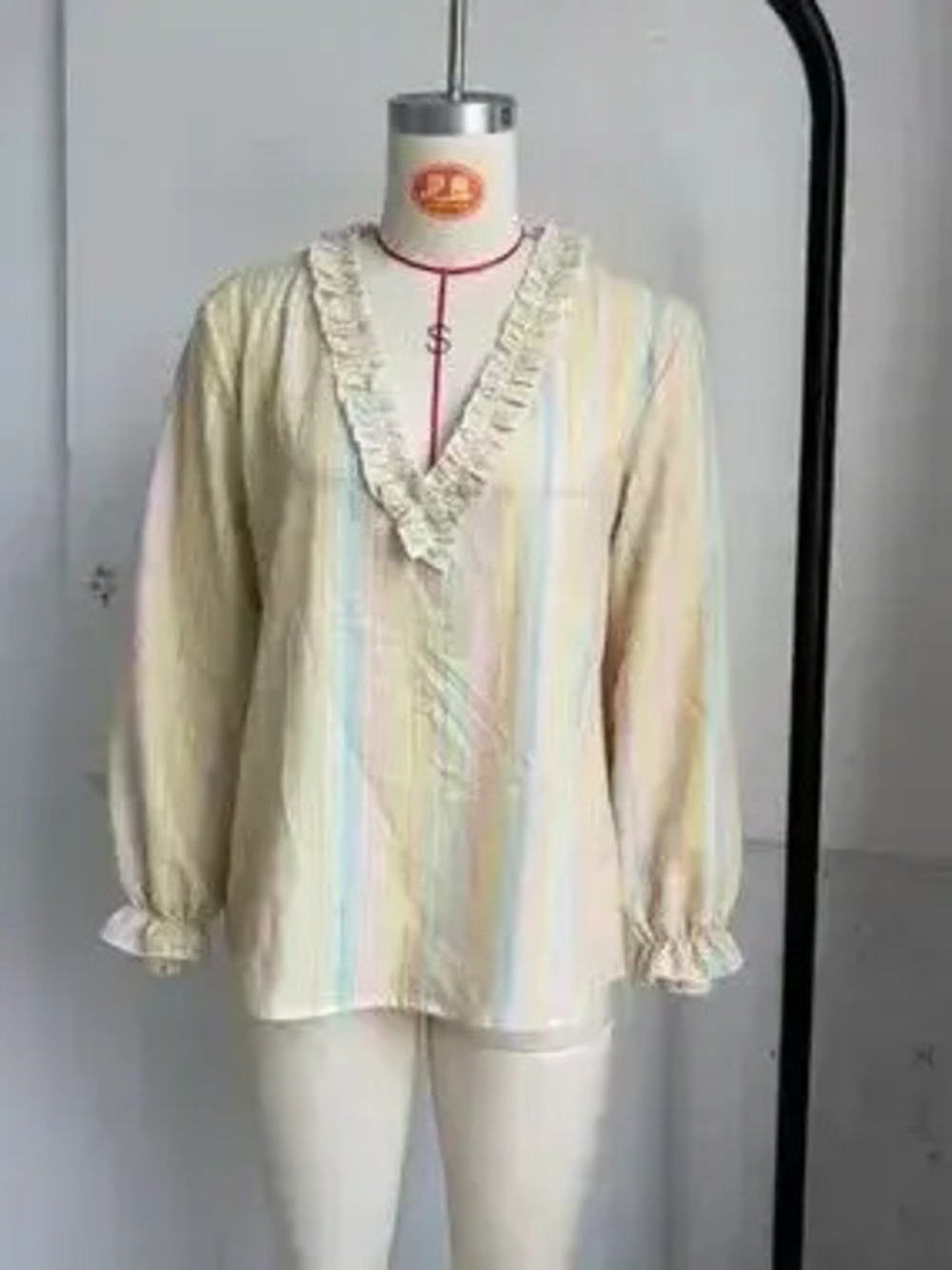 Striped Ruffle-Trim V-Neck Blouse - Picture 6 of 9